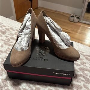 Vince Camuto Tan Suede Lace Heels